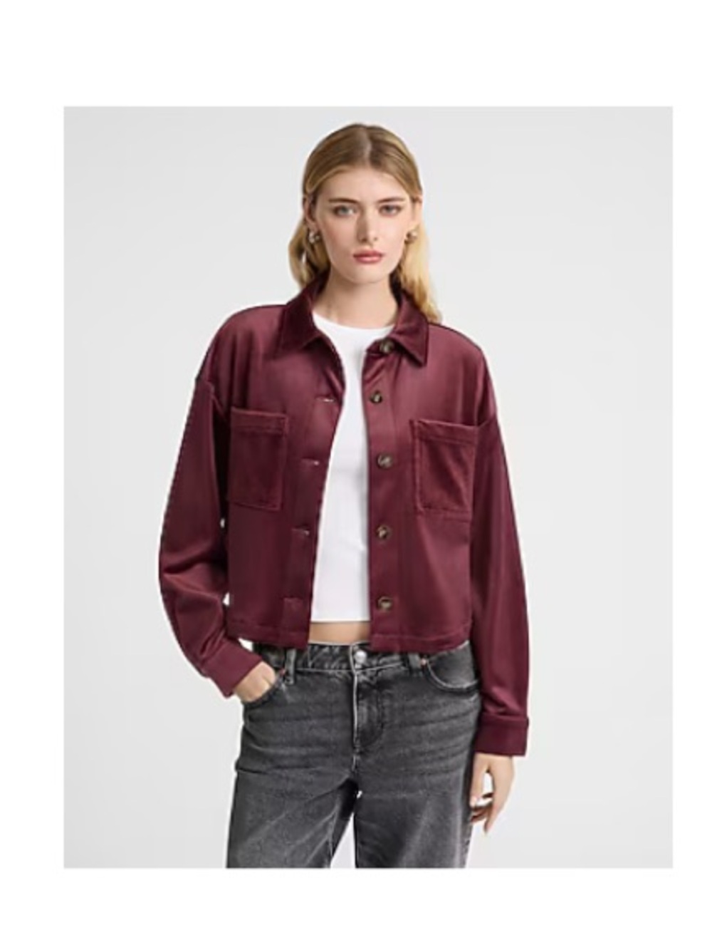 Express Velvet Cropped Shacket - Burgundy